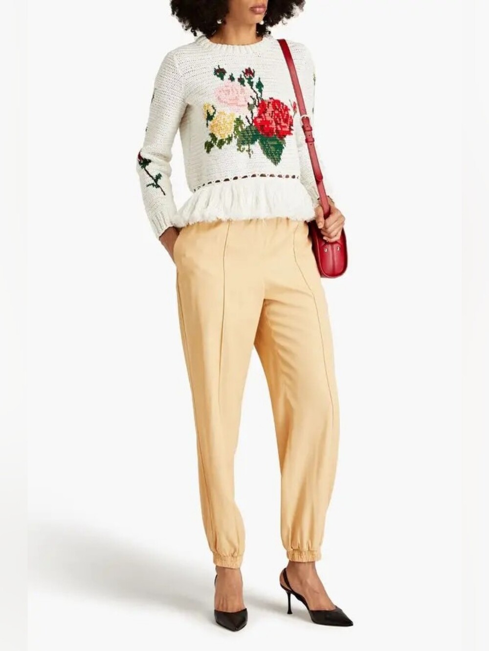 Oscar de la Renta Womens White Floral Crochet‎ Fringed Intarsia Cotton Sweater M